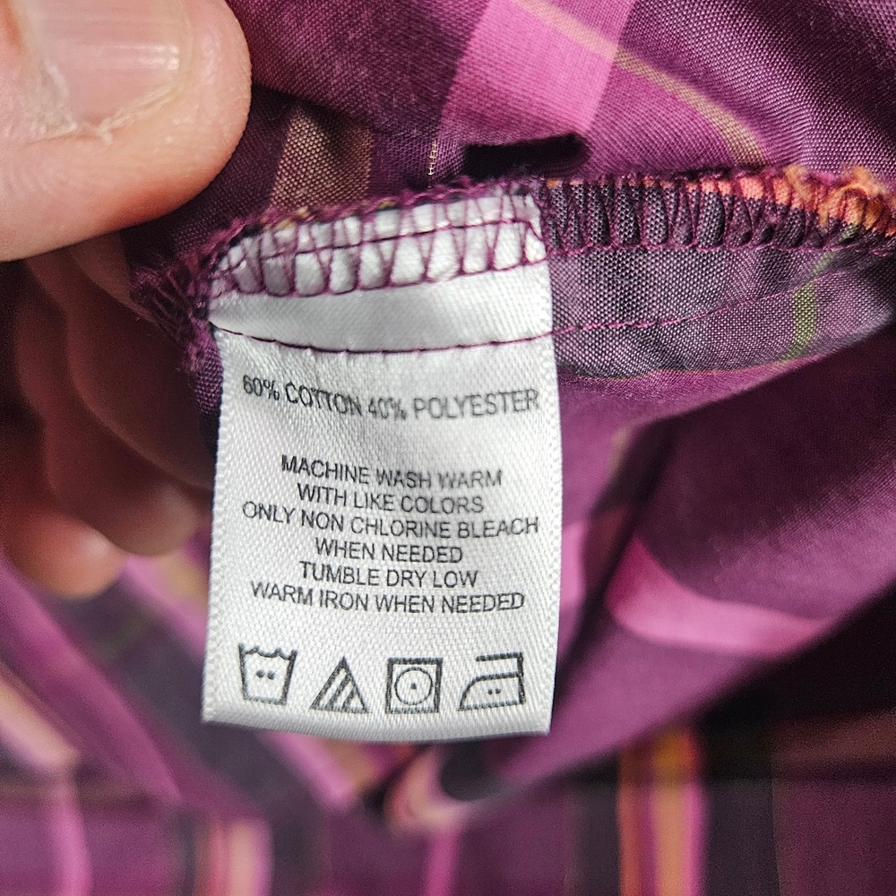 Foxcroft Petite 14P Purple Pink Plaid Wrinkle Free Button Up Shirt Metallic Gold - Picture 5 of 9